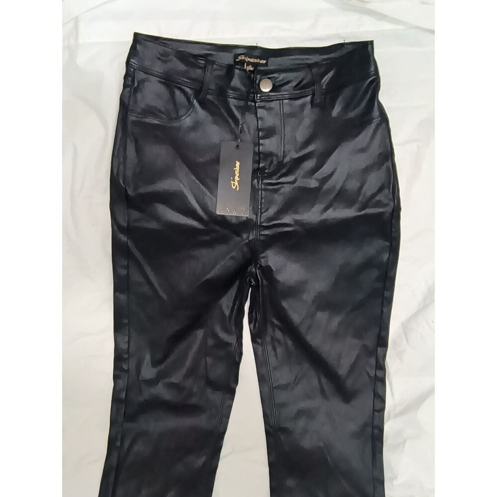Shinestar Women Black Faux Leather Pants Shinny High Waisted Zip Closure Size S